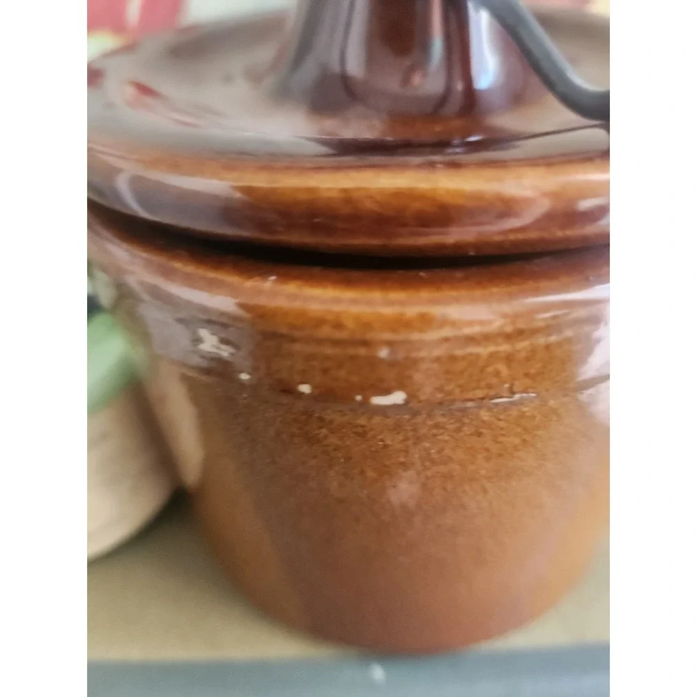 Vintage Brown Glazed Stoneware Cheese/Butter Crock with Bail Clamp Lid - 5 